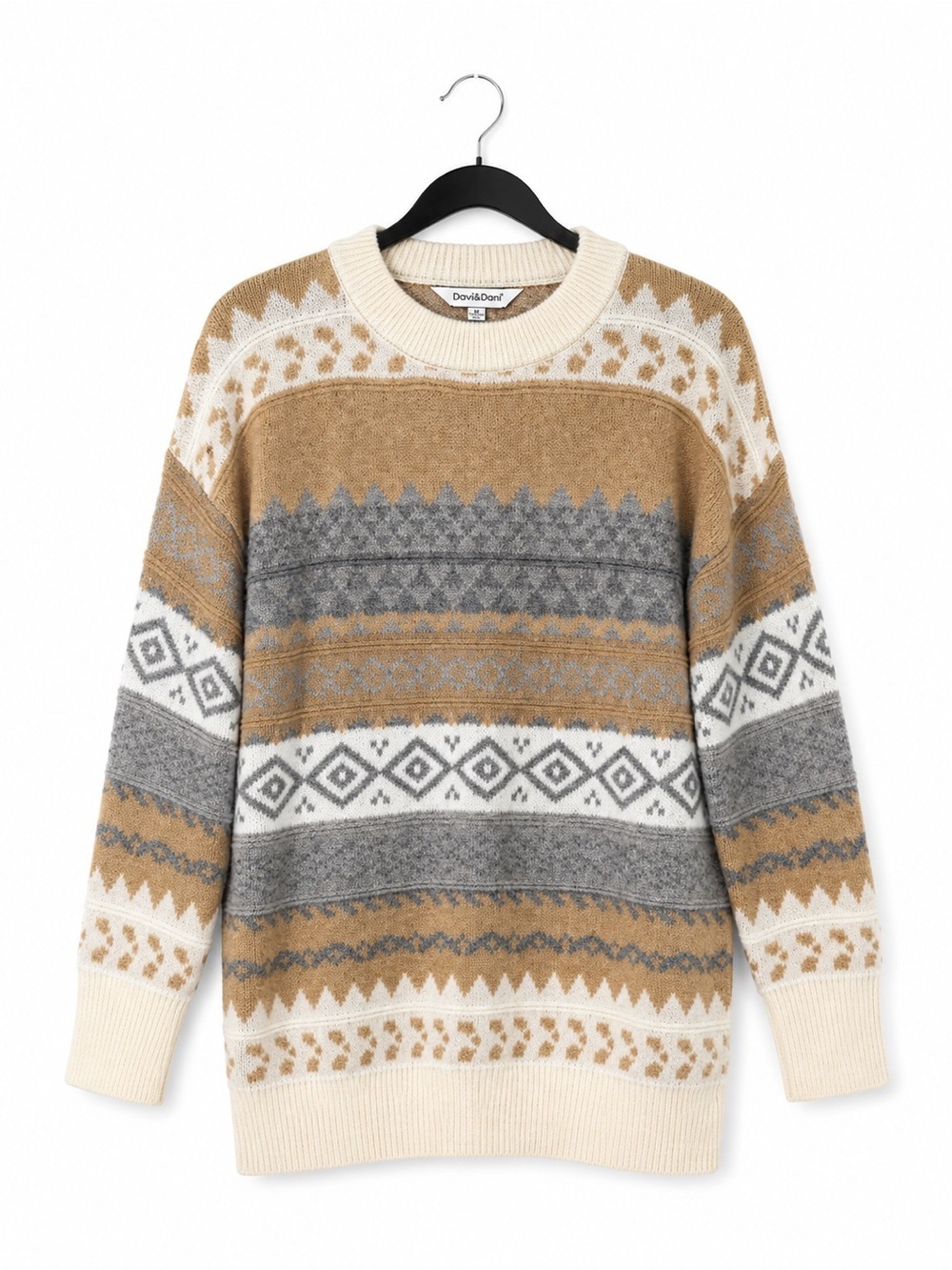 DAVI & DANI Women's Tan and Gray Patterned Crewneck Sweater